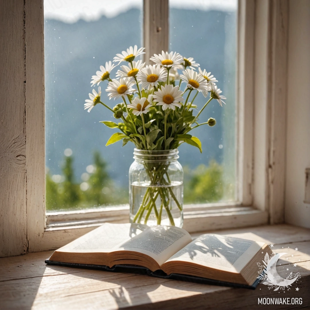 A shabby wooden windowsill with a jar of daisies and an open book.