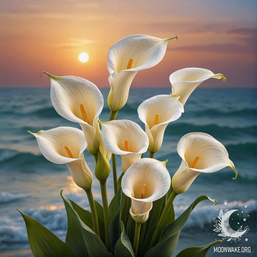 A minimalist bouquet of calla lilies with sunset hues and sea wave colors.