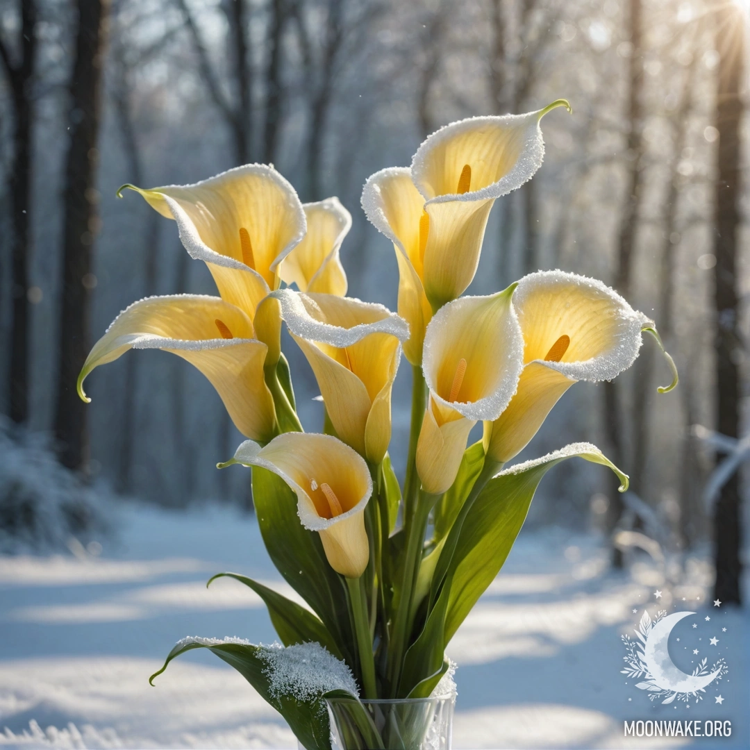 Minimalist Calla Lilies Bouquet in Frost A bouquet of yellow calla lilies resting among frost, bathed in sunlight.
