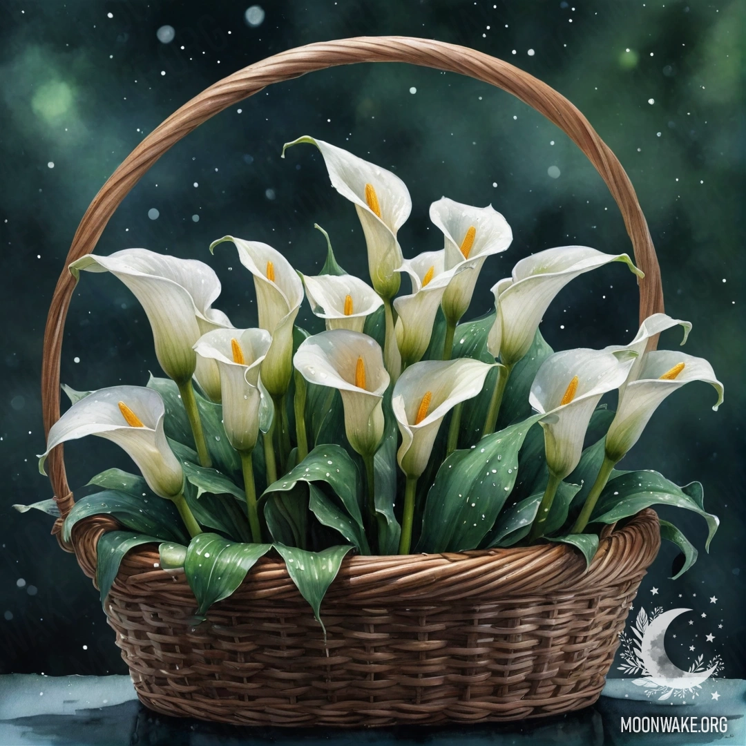 A basket of green calla lilies adorned with dew drops at night.