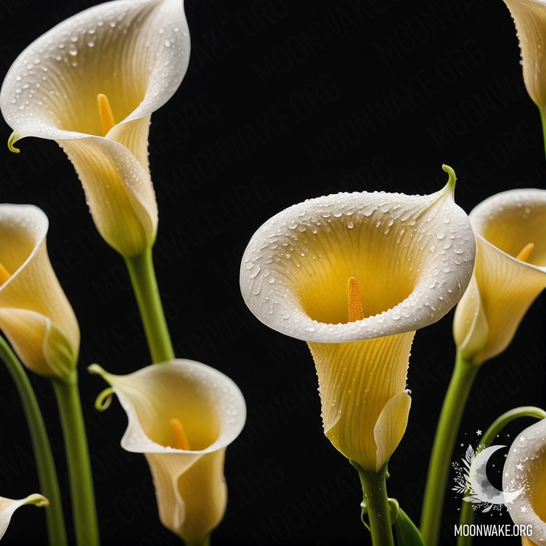 Minimalist Calla Lilies in Dew at Night A serene arrangement of cream yellow calla lilies adorned with dew drops in a dark, night-time setting.