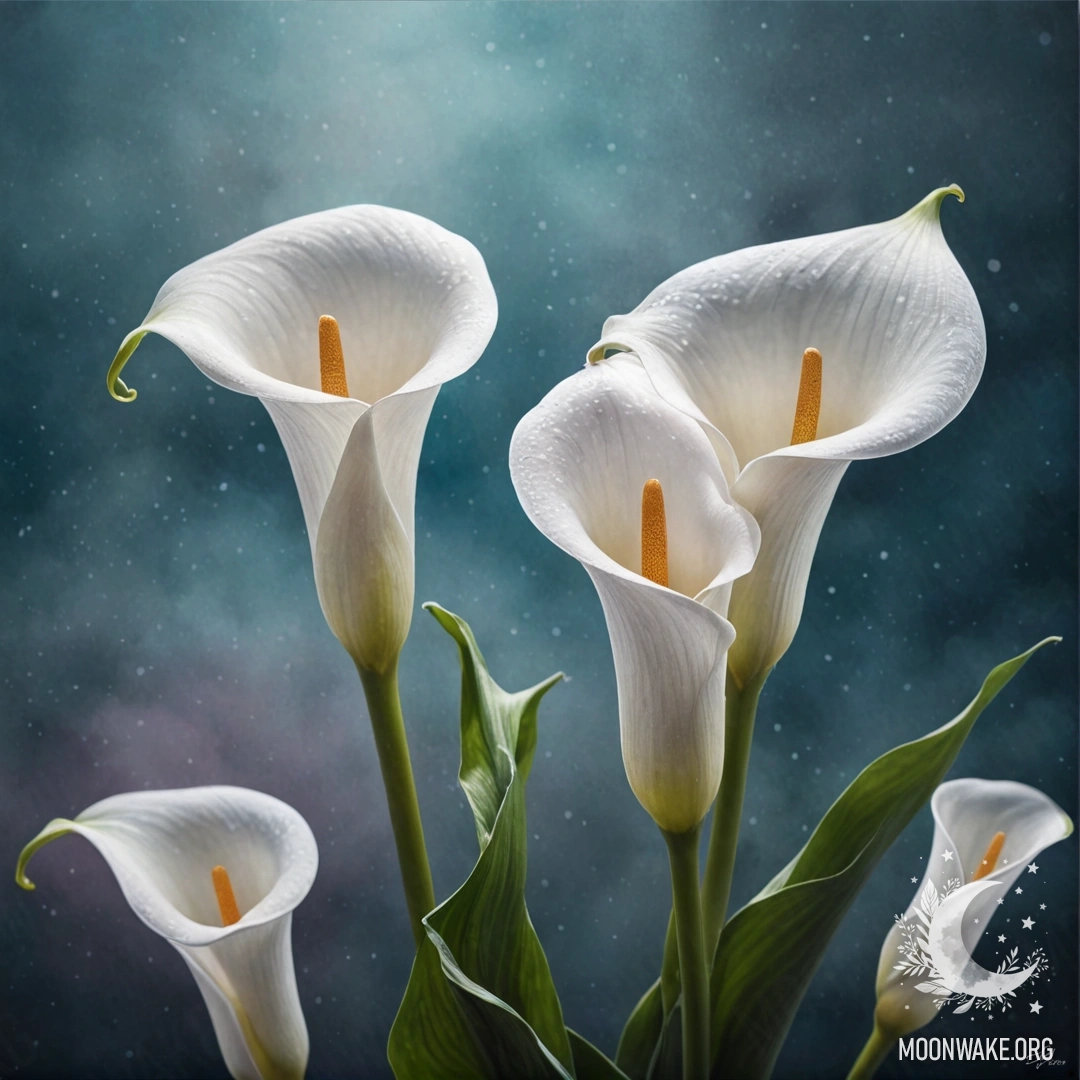 A serene composition of calla lilies enveloped in mist at night, with a sky blue background.