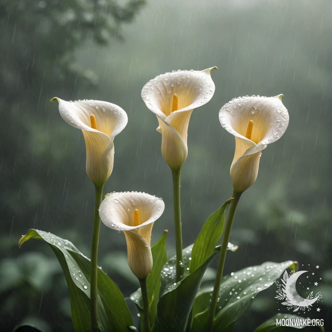 A serene arrangement of calla lilies in mist, under rain and sunlight.