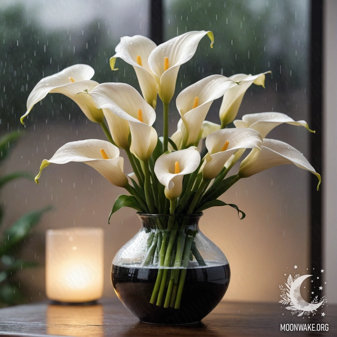 A graceful vase holding pastel-colored calla lilies under the rain at sunset.