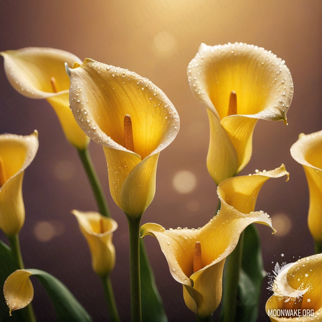 Minimalist Calla Lilies at Sunset A serene digital painting featuring yellow calla lilies at sunset adorned with rhinestones.
