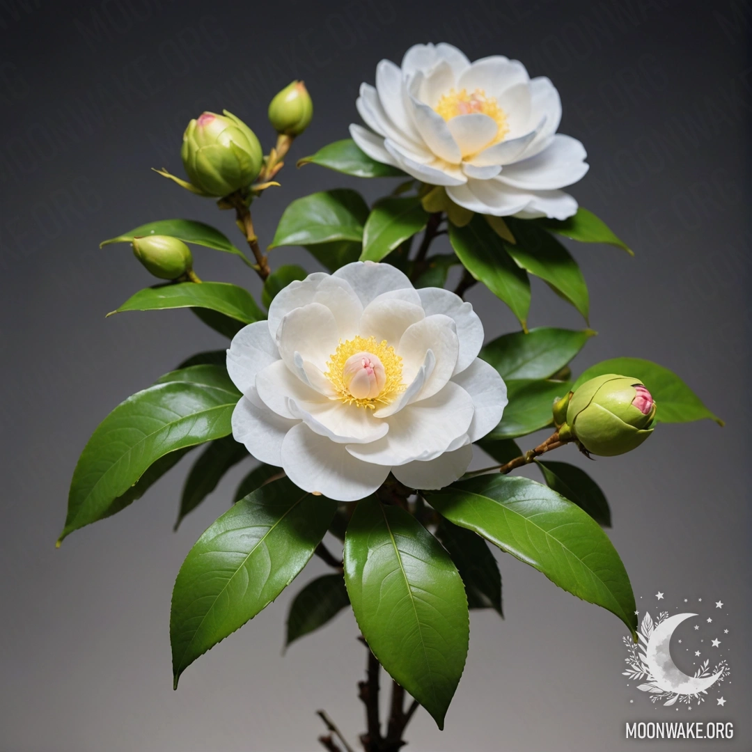 A minimalist bouquet of lime-colored camellias enveloped in mist at night.