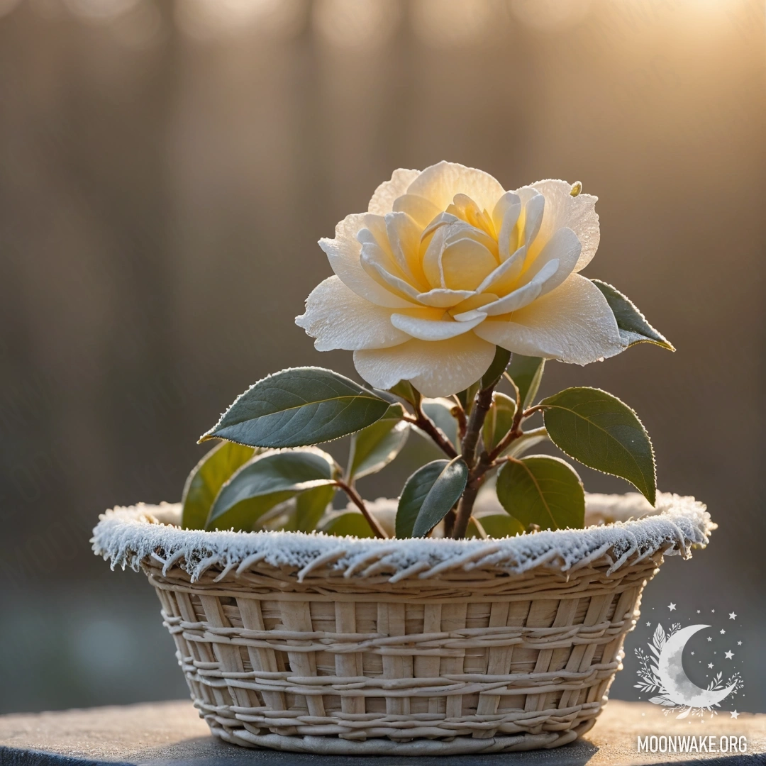 A cream yellow camellia in a basket, resting on frost at sunset.
