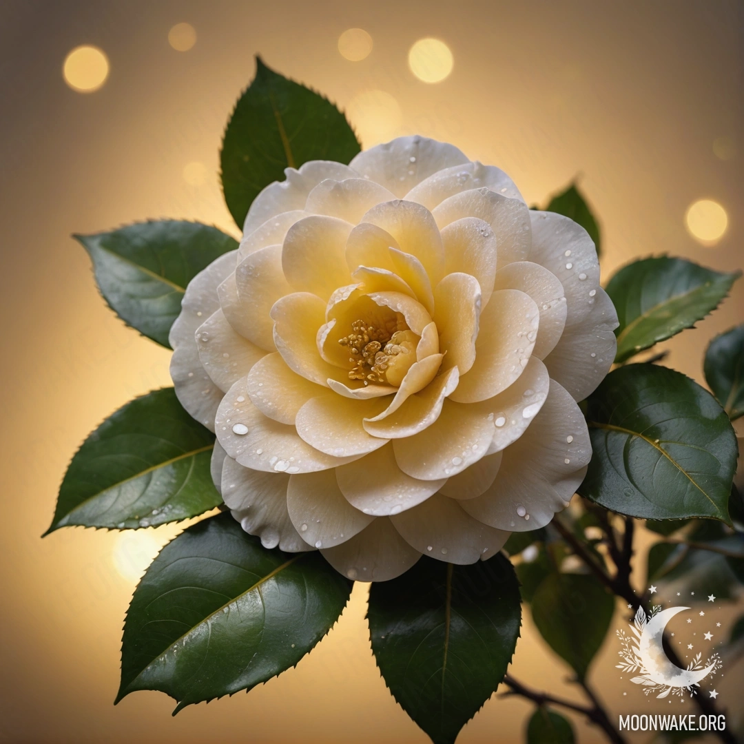 A delicate camellia flower in mist at sunset, adorned with sequins.