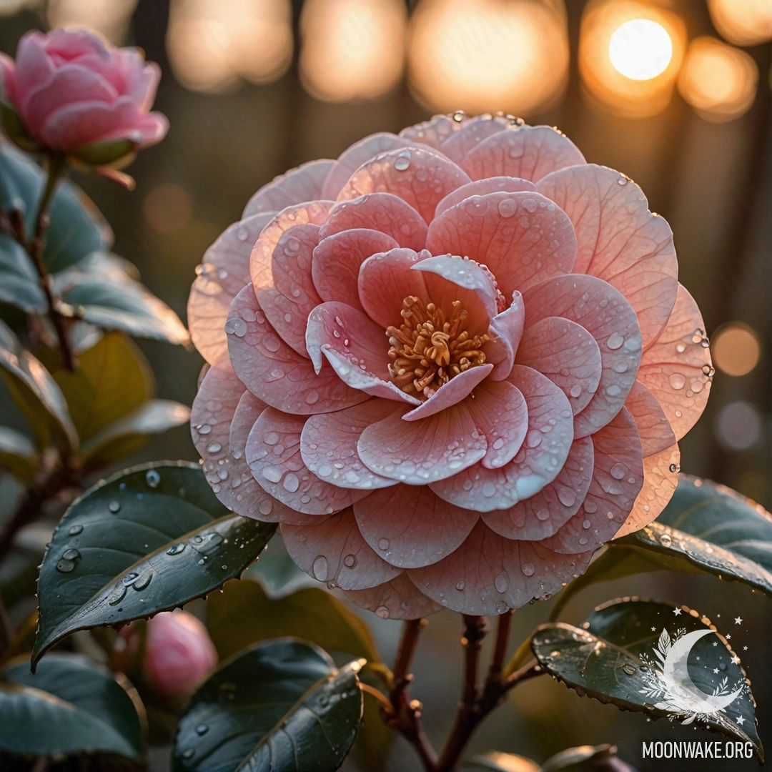 A minimalist camellia with dew drops at sunset, reflecting the colors of the sea.