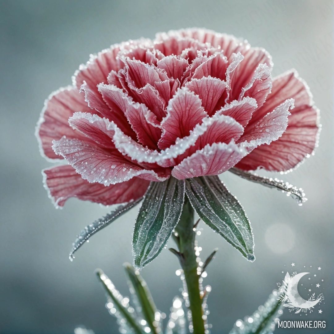 A close-up photograph of a carnation covered in frost, sparkling