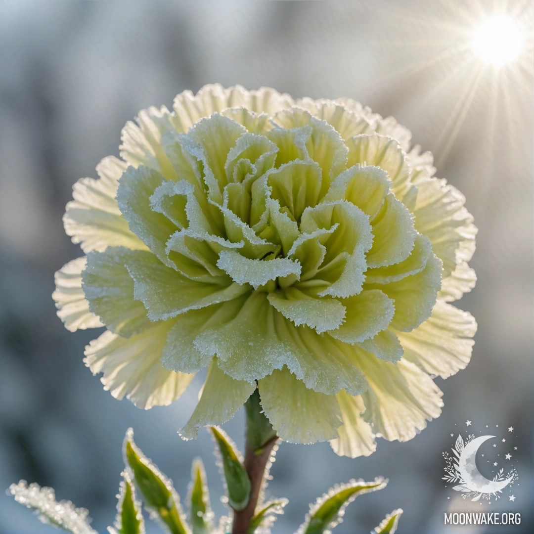 A delicate carnation flower adorned with frost, illuminated by sunny rays.
