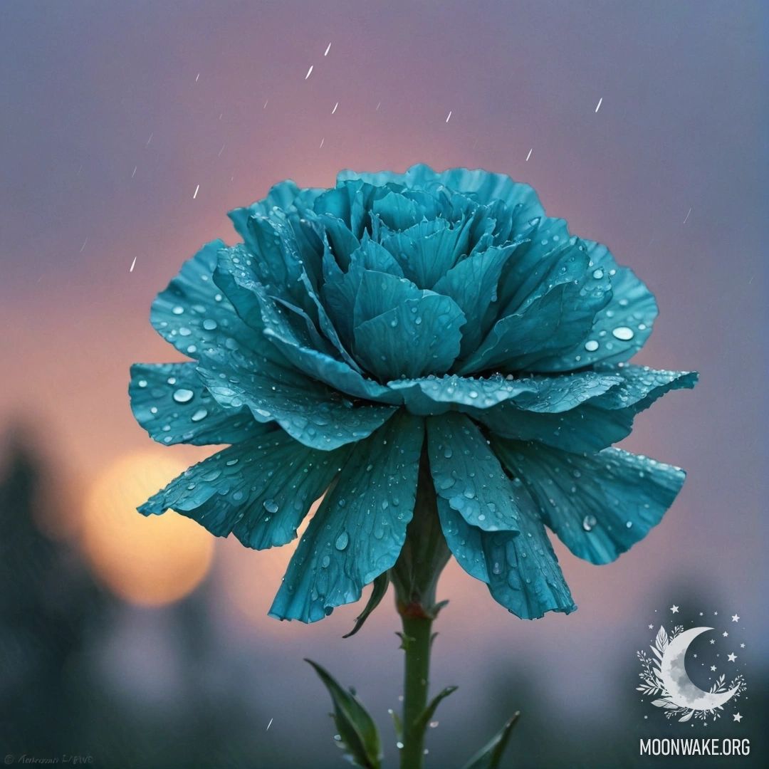 Minimalist Carnation in the Rain at Sunset A delicate greenish-blue carnation drenched in rain at sunset, accompanied by sparkling glitter.