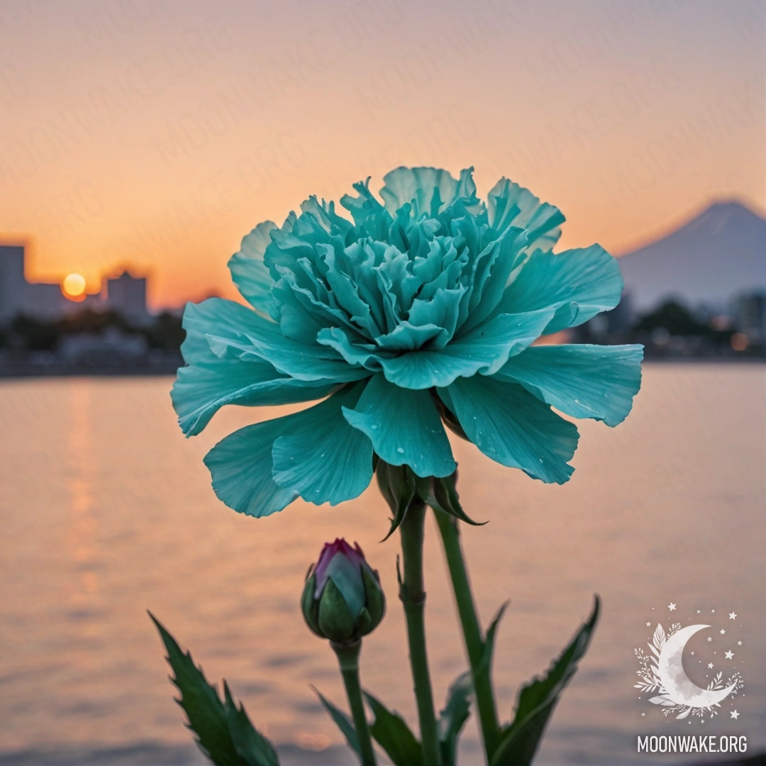 A minimalist image featuring a carnation against a sunset background in aquamarine hues.