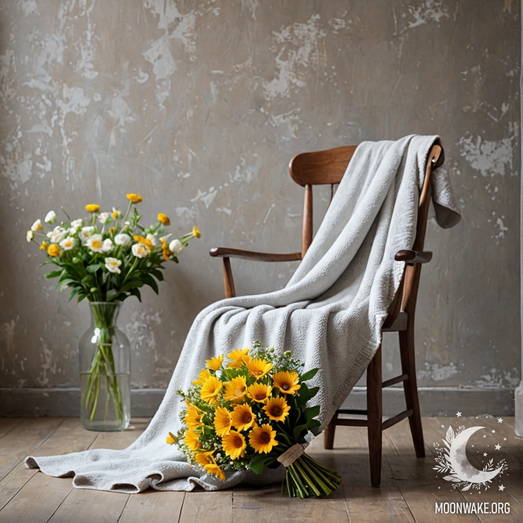 A minimalist chair with a blanket and a bouquet of flowers on it, against a shabby wall.