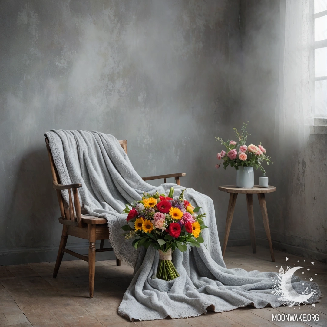 A minimalist chair with a blanket and a bouquet of flowers on it, set against a shabby wall in dense fog.