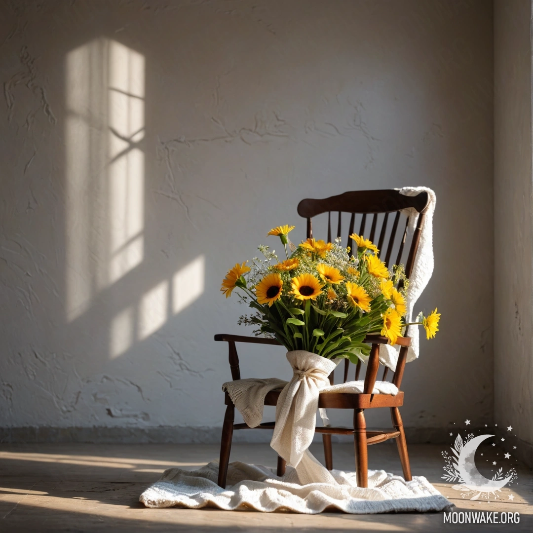A minimalist chair with a blanket and a floral bouquet on it, set against a shabby wall, illuminated by sun rays.
