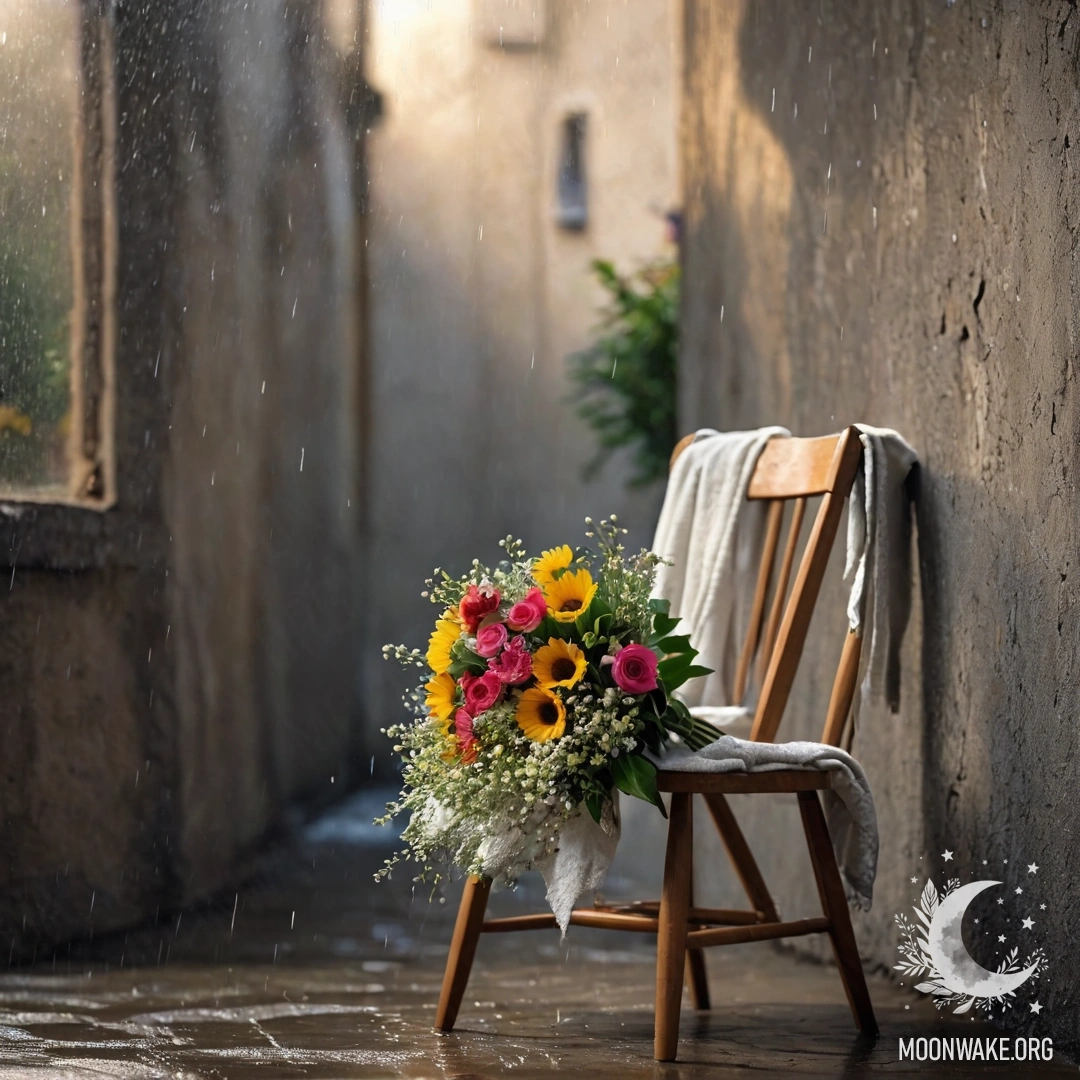 Minimalist Chair with Flowers Under Rain A minimalist scene featuring a chair with a blanket and a bouquet of flowers on it, set against a shabby wall with rain falling.
