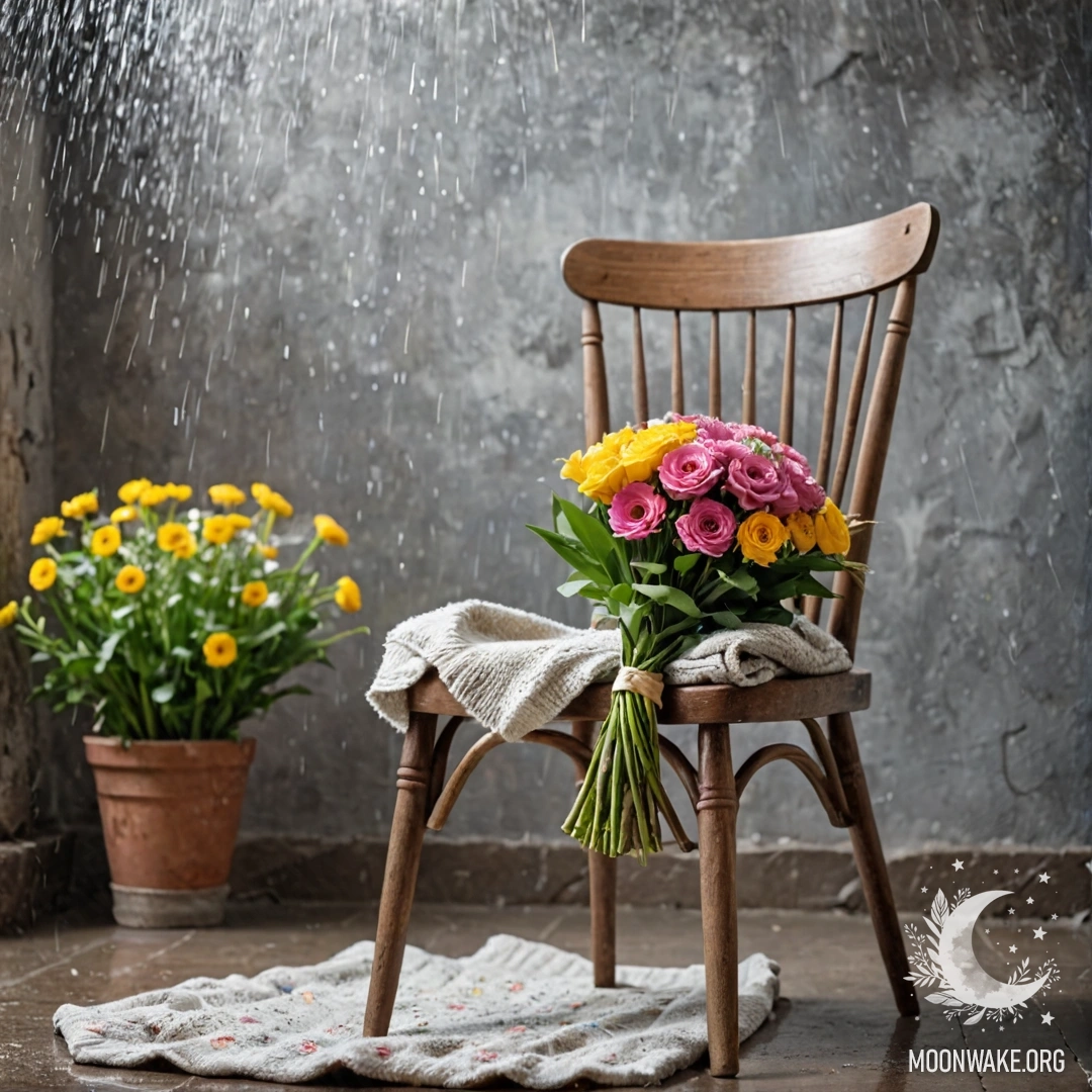 A minimalist scene featuring a chair against a shabby wall with a blanket and bouquet of flowers under the rain.