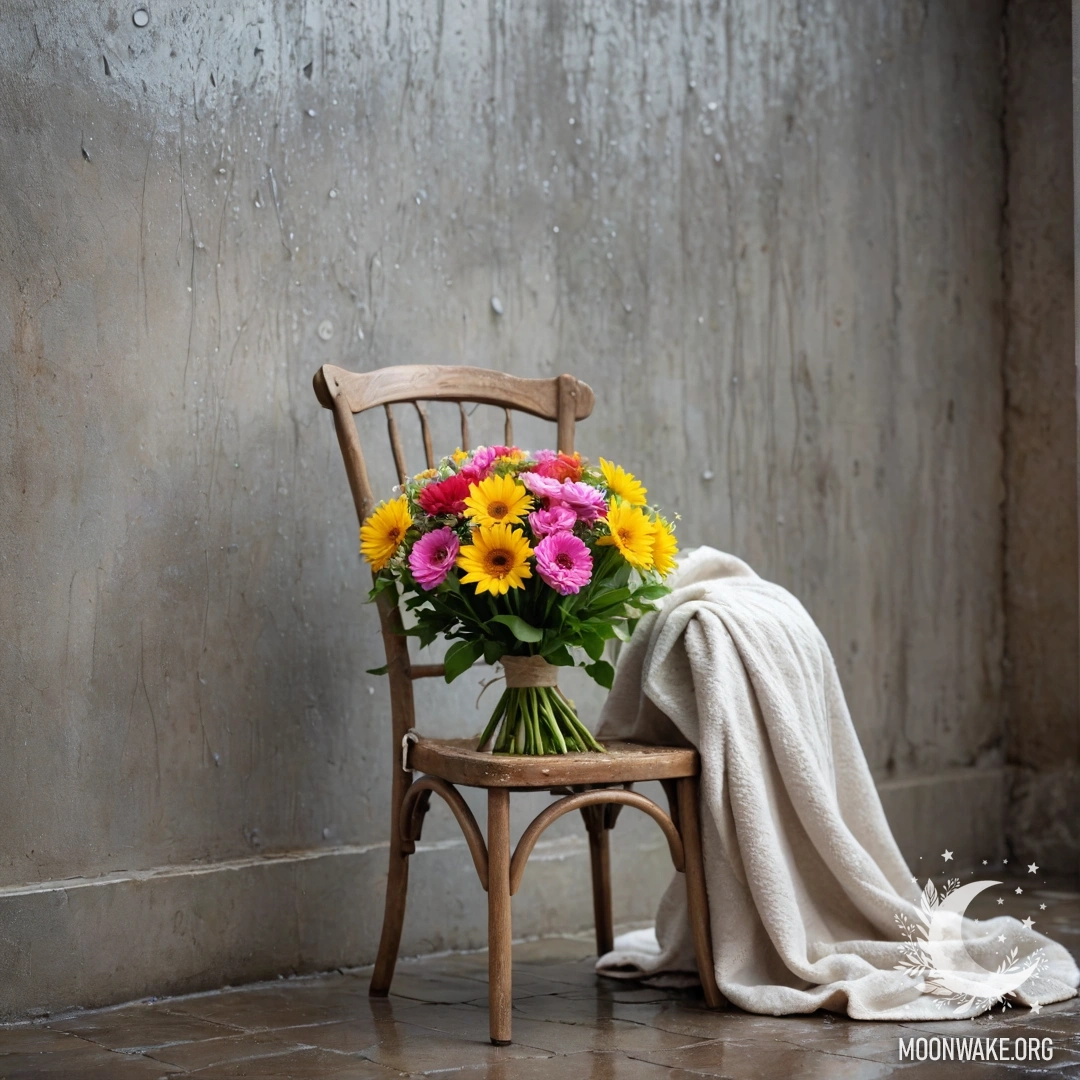 A minimalist scene featuring a chair with a blanket, a bouquet of flowers resting on the blanket, all set against a weathered wall in the rain.