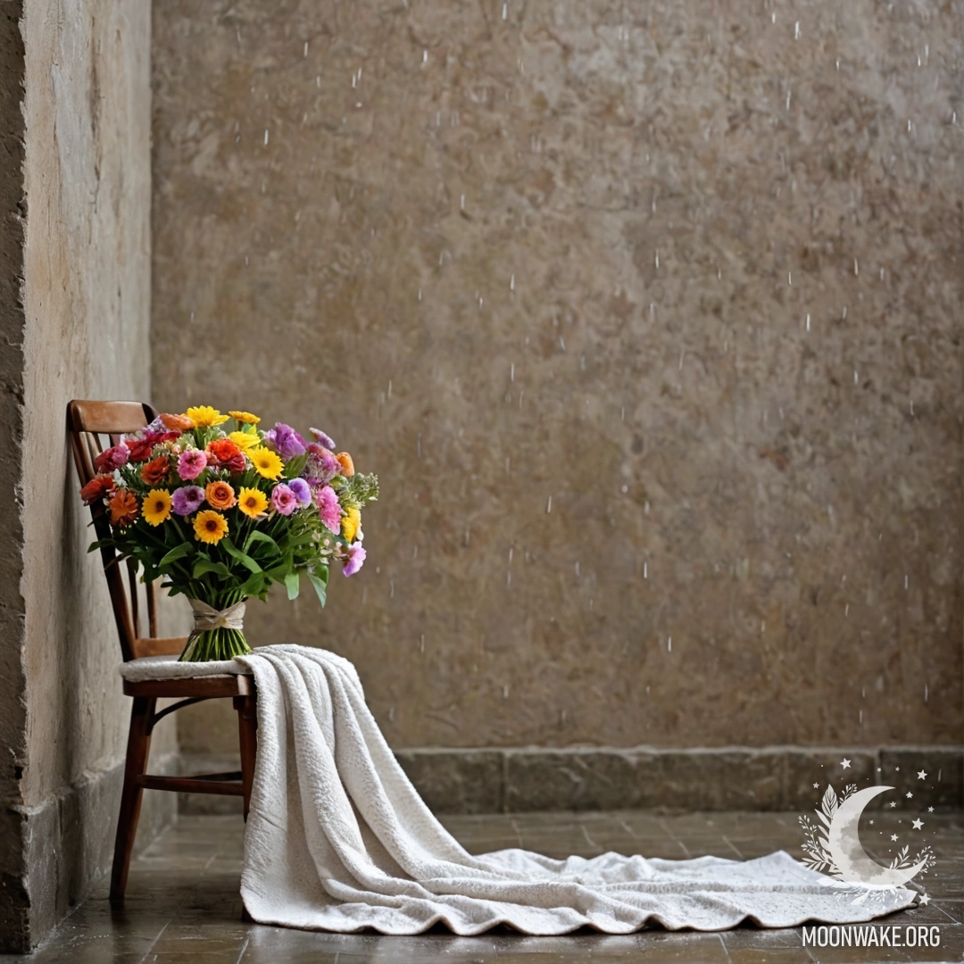 A minimalist chair with a blanket and a bouquet of flowers on it, against a shabby wall, with raindrops falling.