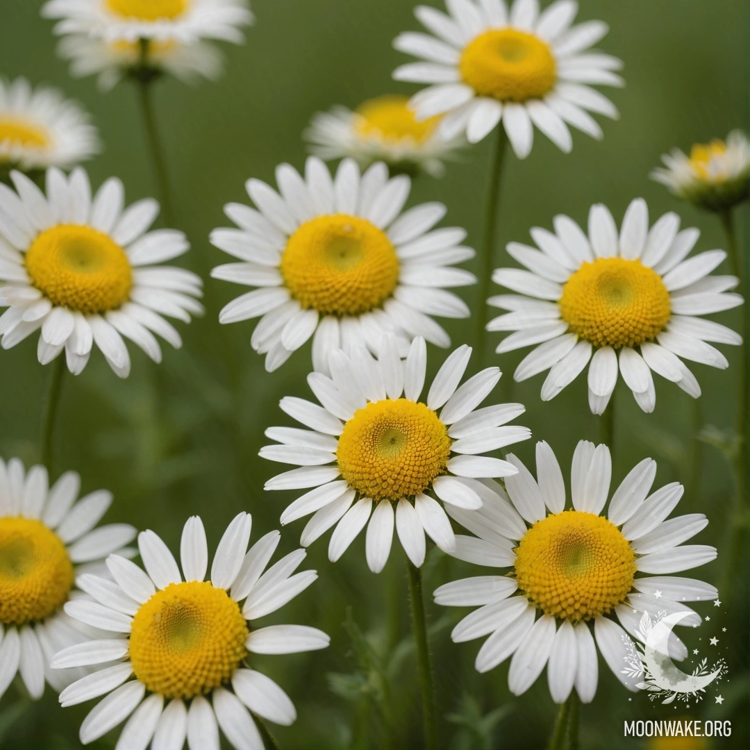 A minimalist background featuring delicate chamomiles on a green backdrop.