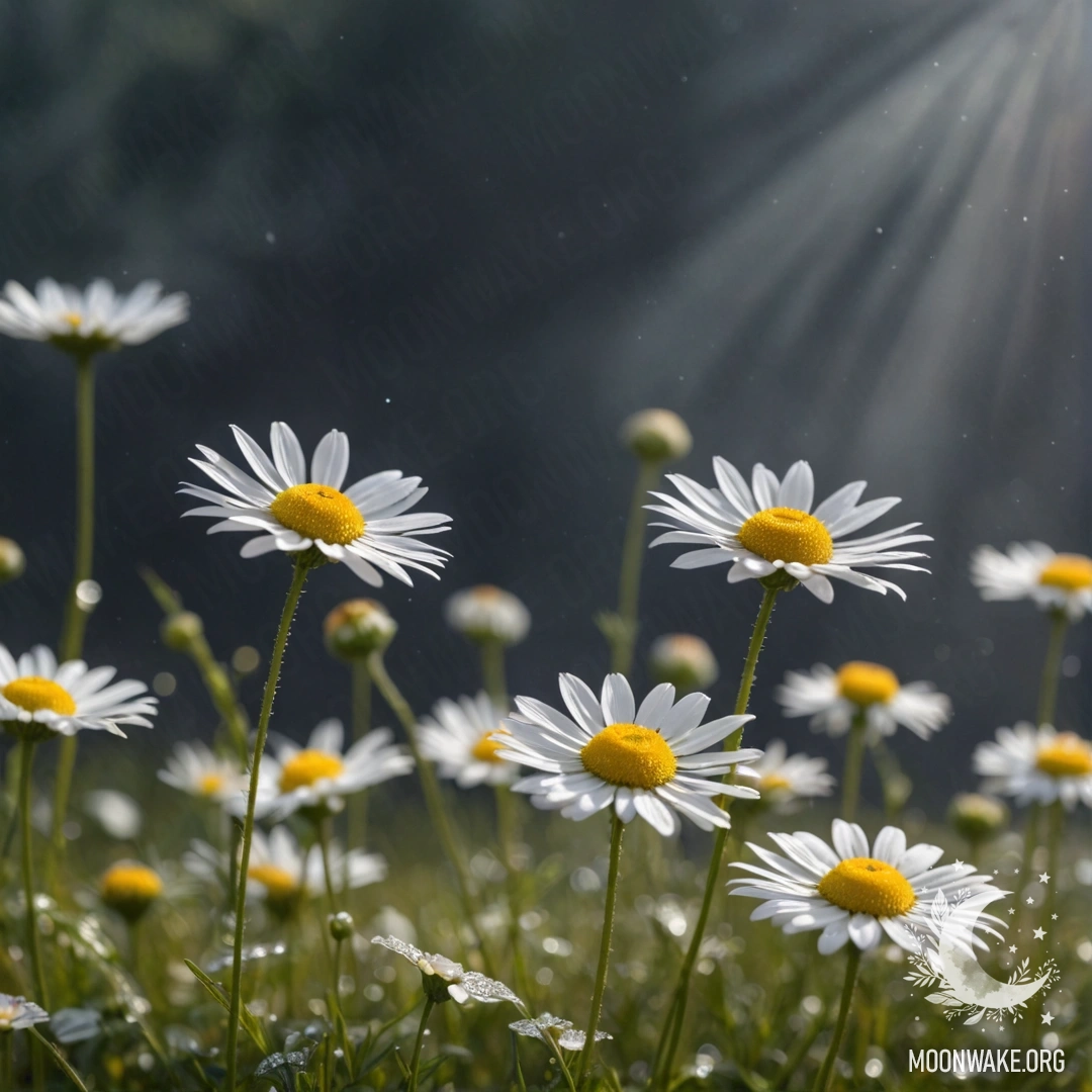 A delicate chamomile flower surrounded by mist and sunny rays with red rhinestones.