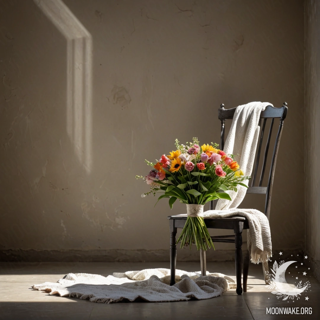A minimalist scene featuring a chair with a blanket and a bouquet of flowers on it, set against a shabby wall with sun rays streaming down.