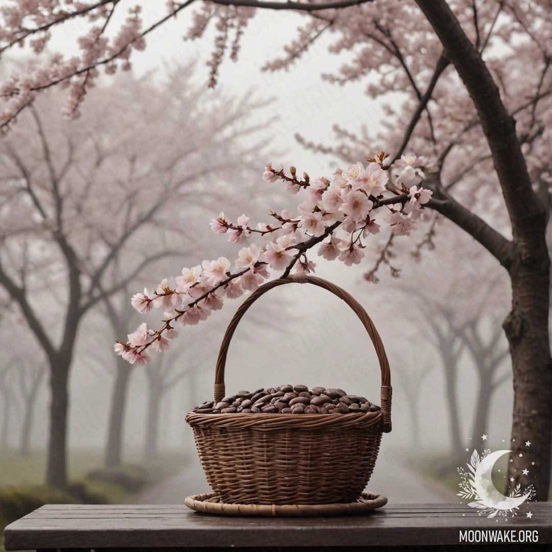 A digital painting featuring cherry blossoms in a foggy setting, arranged in a basket colored like coffee.