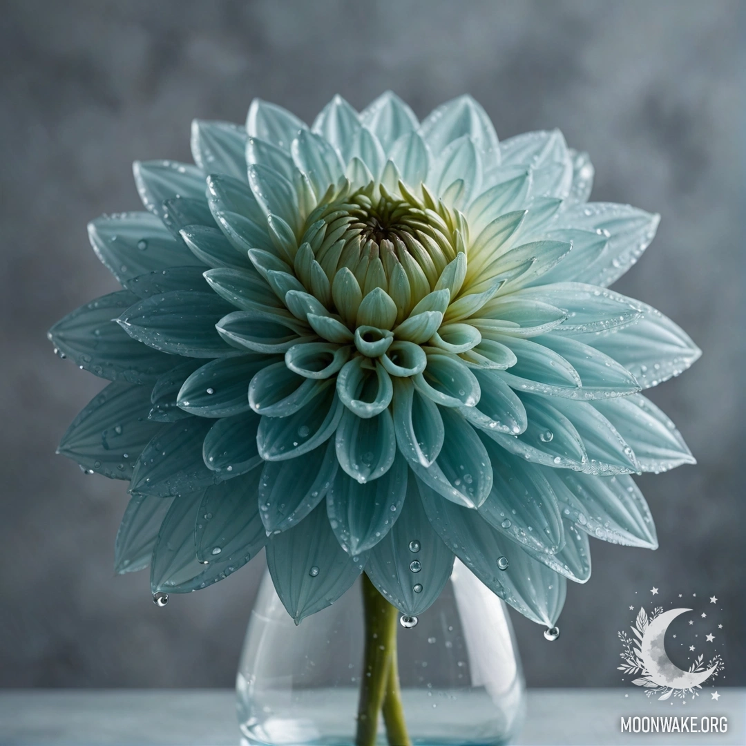 A minimalist painting of a dahlia flower with dew drops in an aquamarine vase.