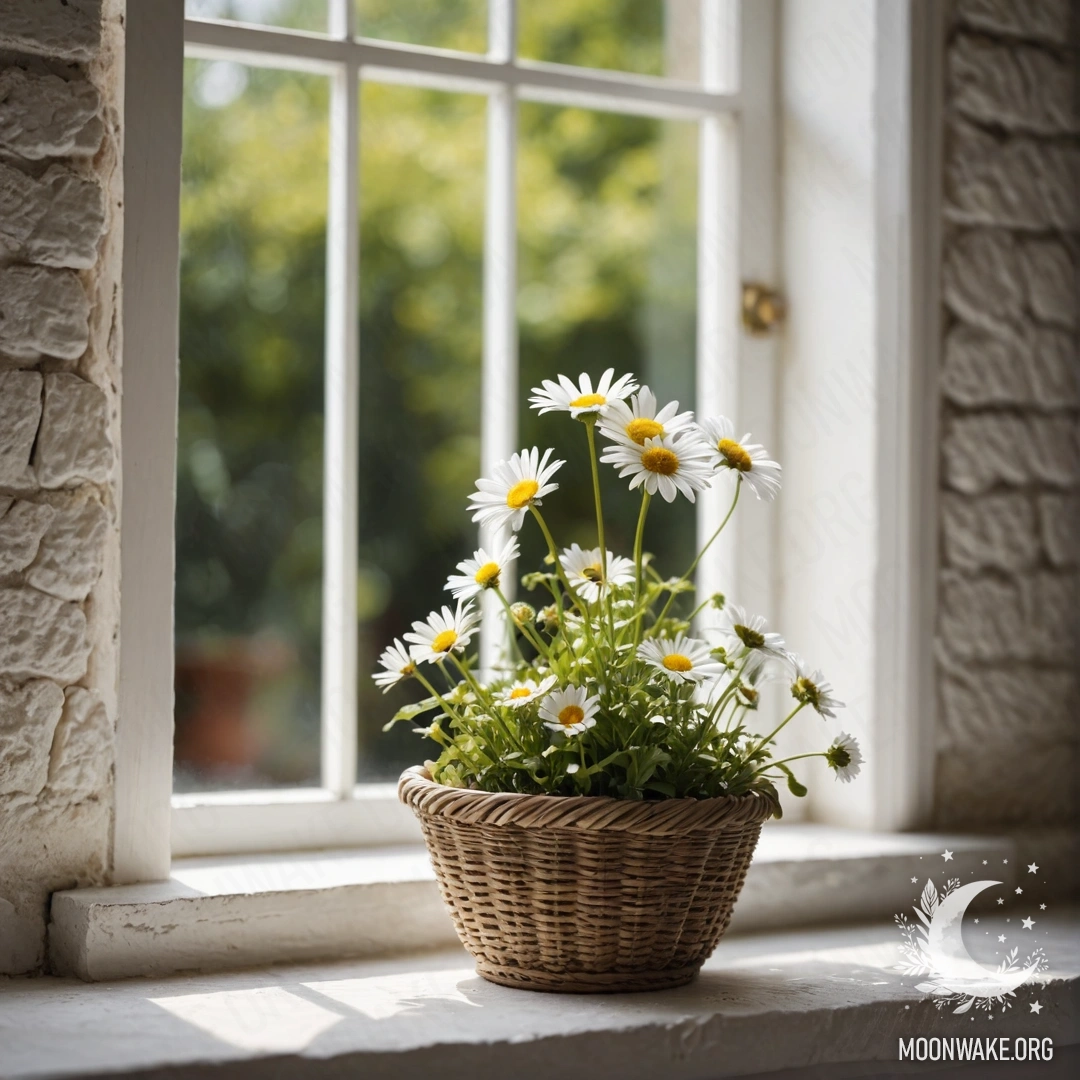 A white stone wall with an open window and a basket of daisies on the sill.