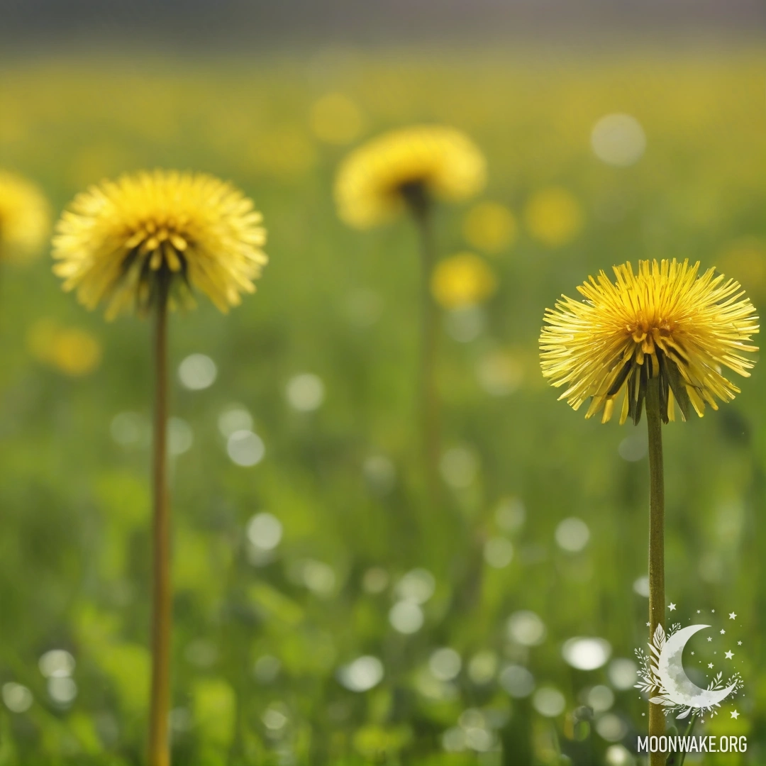Minimalist Dandelion Field in Bokeh Close-up of dandelions against a blurred background of field flowers under sunlight.