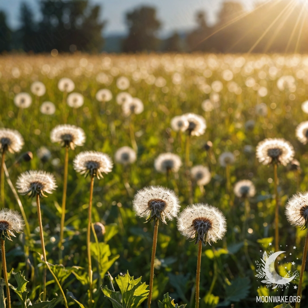 A close-up view of dandelions in a sunlit field with soft bokeh.
