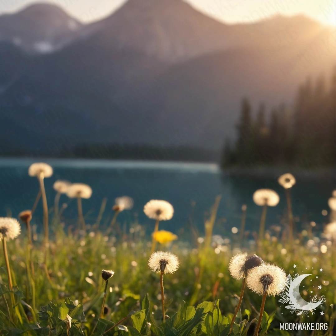 Minimalist Dandelion Field at Sunset A close-up view of dandelions against a blurred background of a mountain lake at sunset.