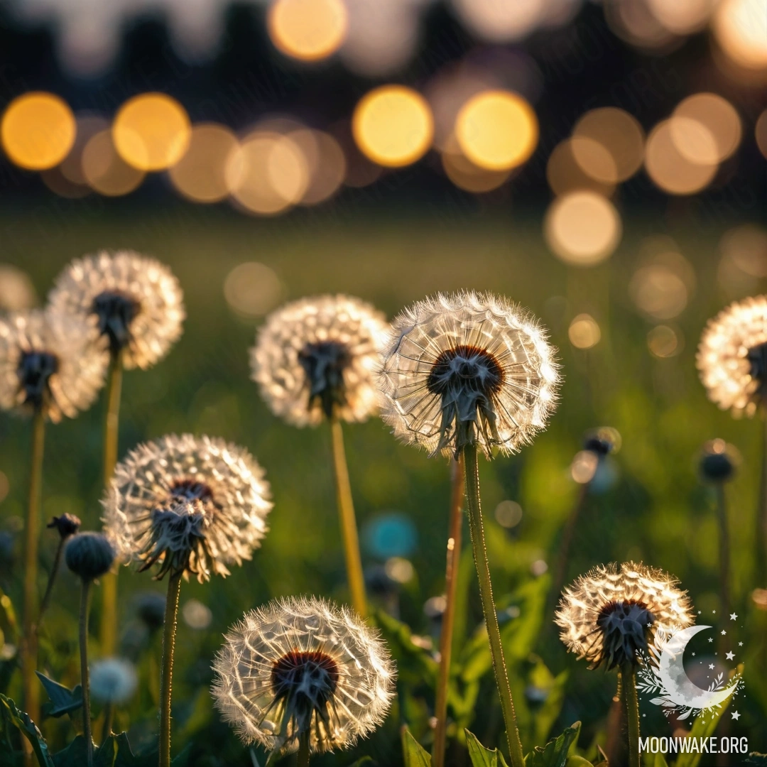 Close-up of dandelions against a blurred sunset background.