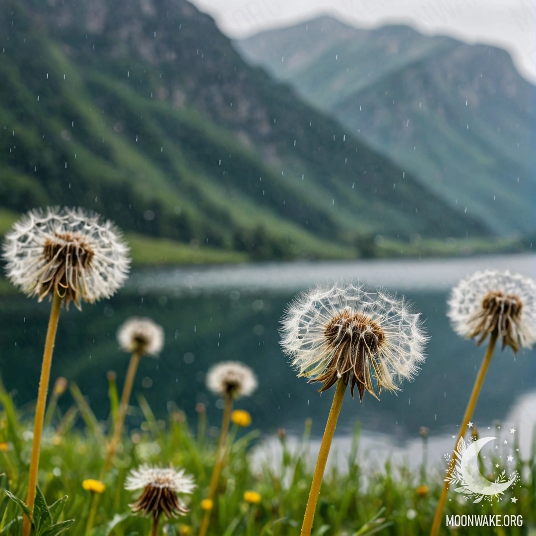 Close-up of dandelions in a minimalist field with a blurred mountain lake in the background under rain.