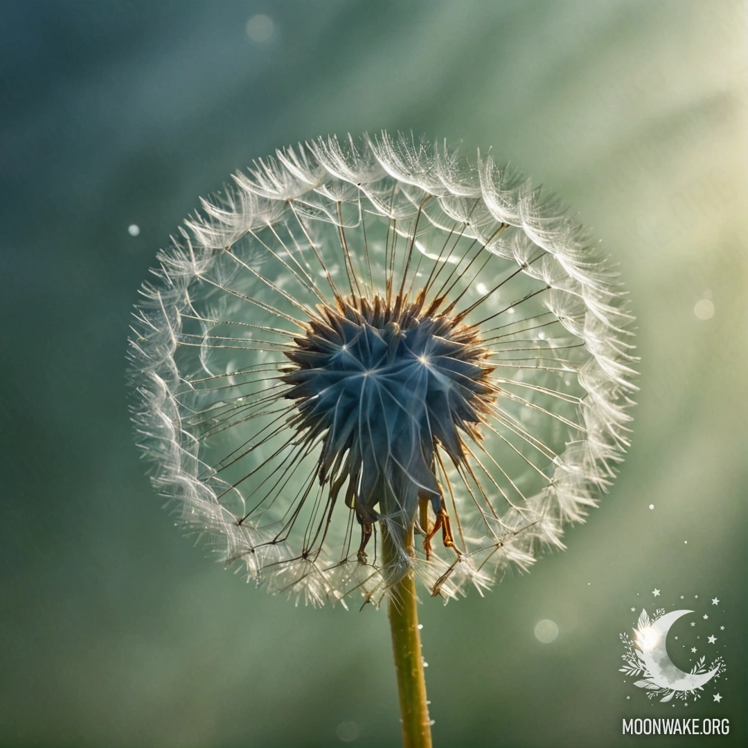 A delicate dandelion immersed in mist with sunlight rays and glitter.