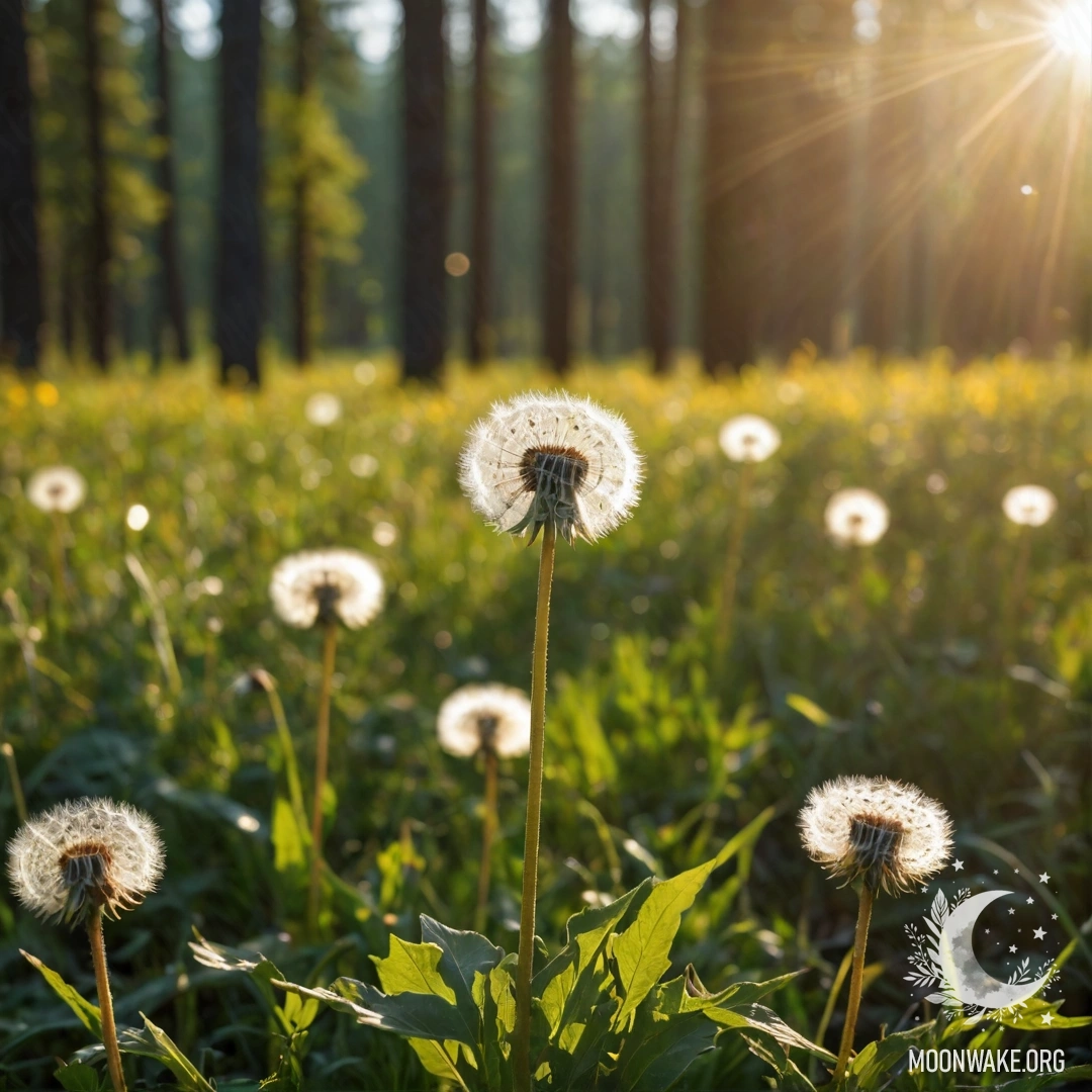Minimalist Dandelions in Bokeh Forest Close-up of dandelions in a field with a blurred forest background and sun rays.