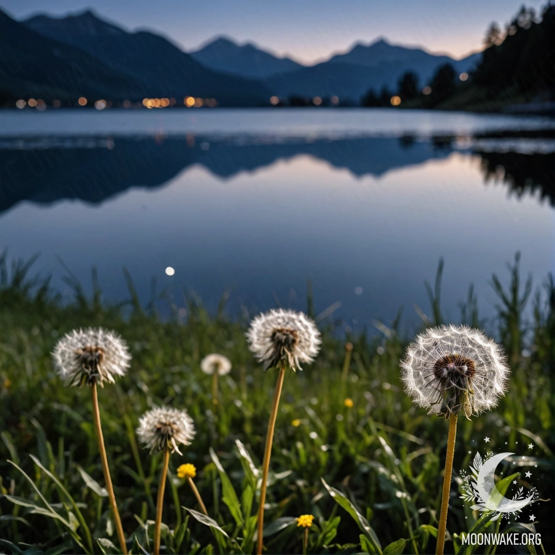 Close-up of dandelions in a field, with a blurred mountain lake in the background