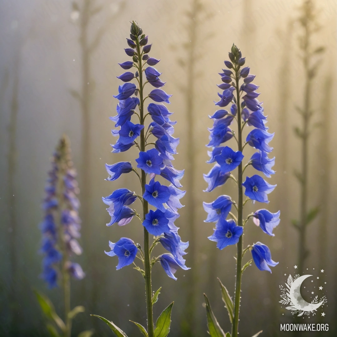 Minimalist Delphinium in Fog A delicate delphinium flower shrouded in fog with sunlight illuminating it.