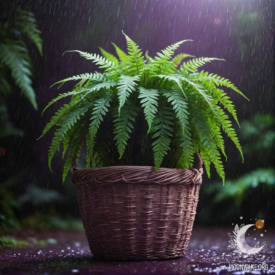 A purple basket containing a fern, drenched in rain at night.