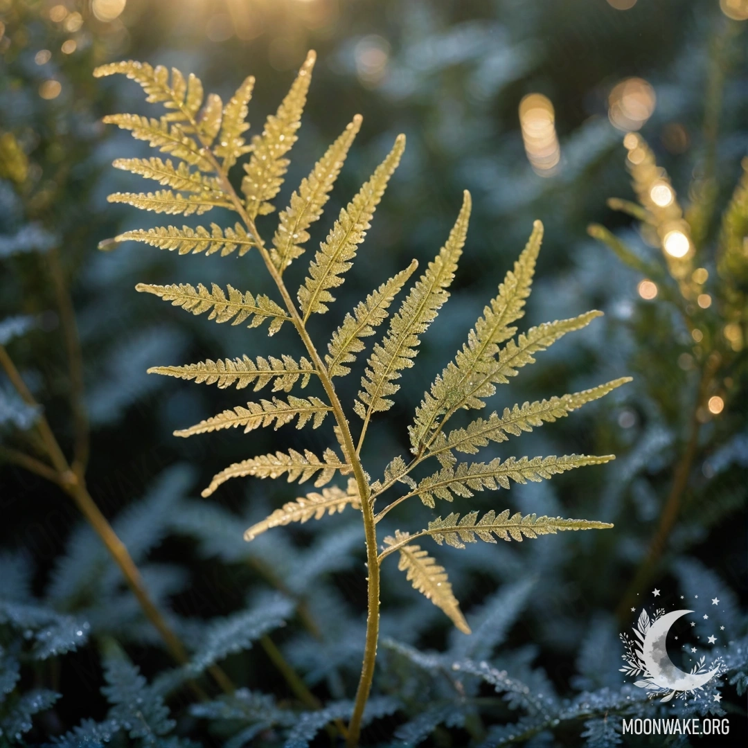 Minimalistic Fern in Frosty Sunset A minimalistic fern covered in frost at sunset, with glittering details.
