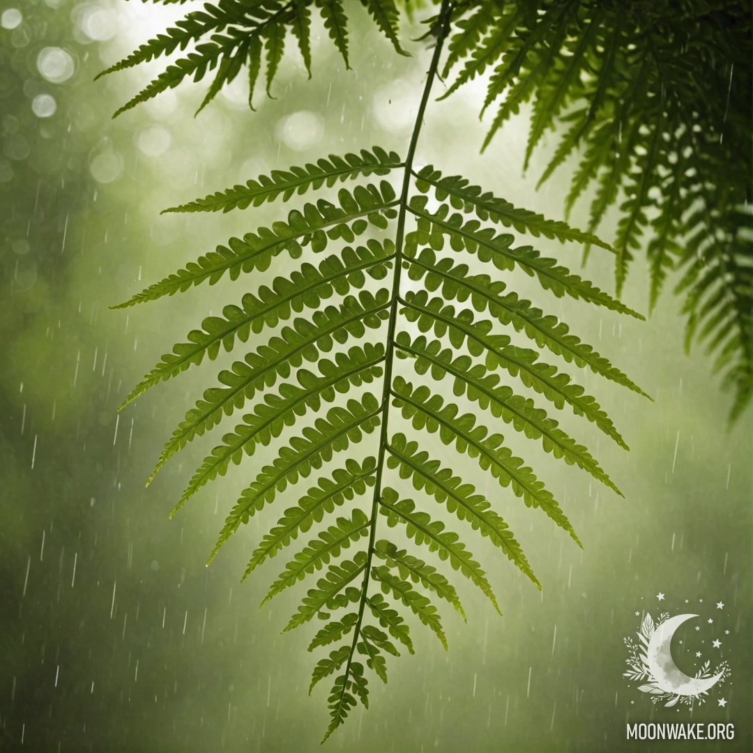 A fern placed in an olive-colored basket, surrounded by raindrops and sunlight.