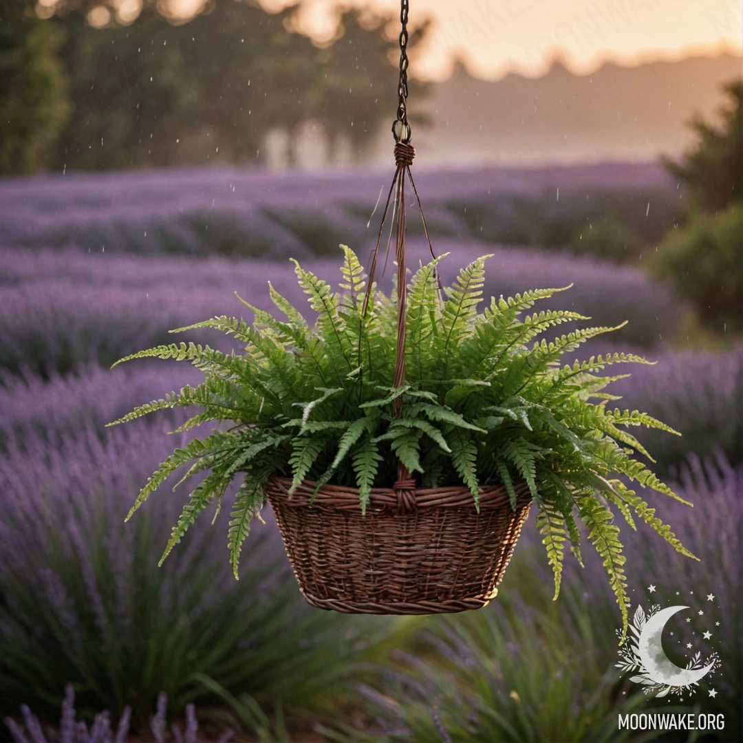 Minimalist Fern Under Rain at Sunset A minimalist fern resting in a lavender basket under raindrops at sunset.