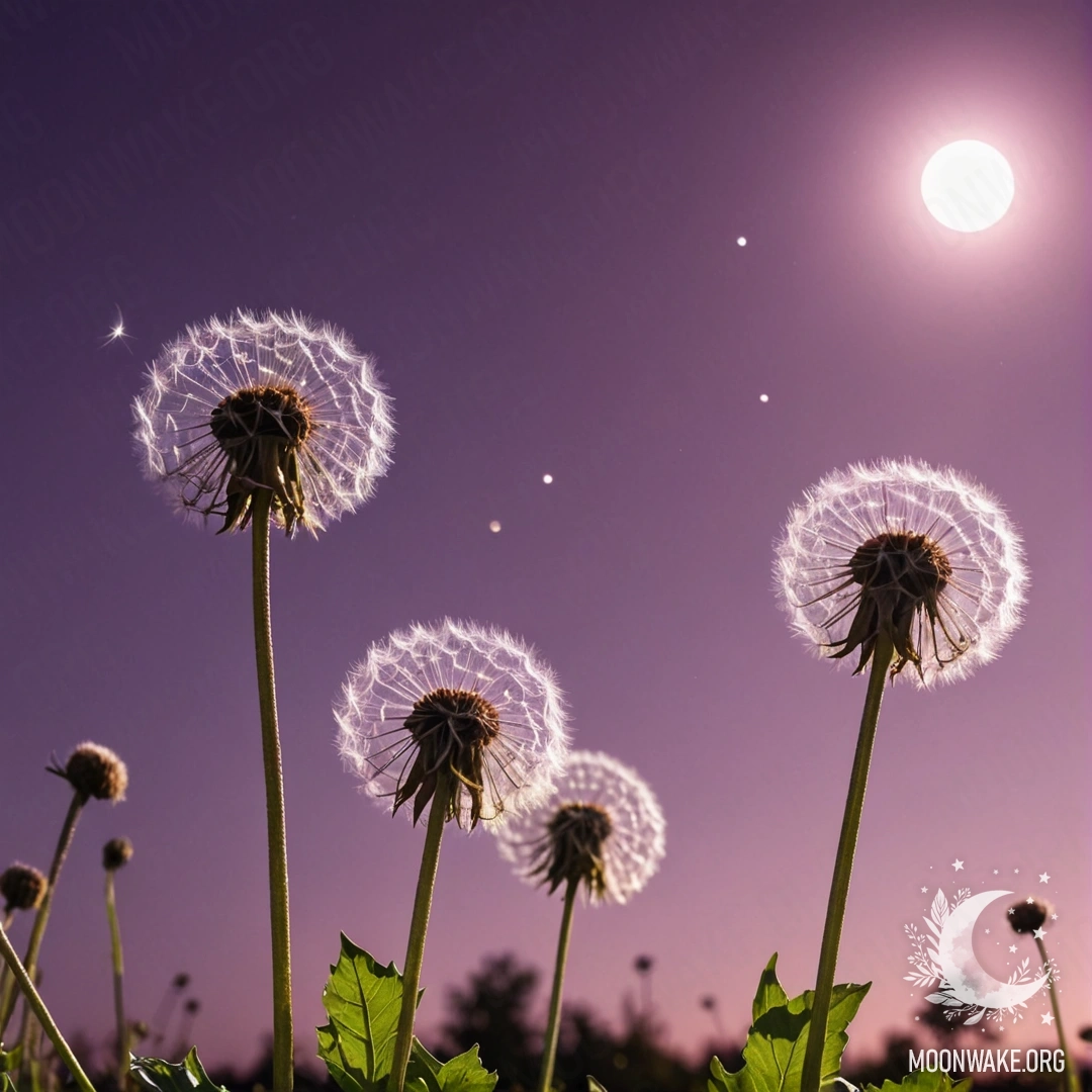 Close-up of dandelions in a minimalist field against a pink violet sky with the moon.