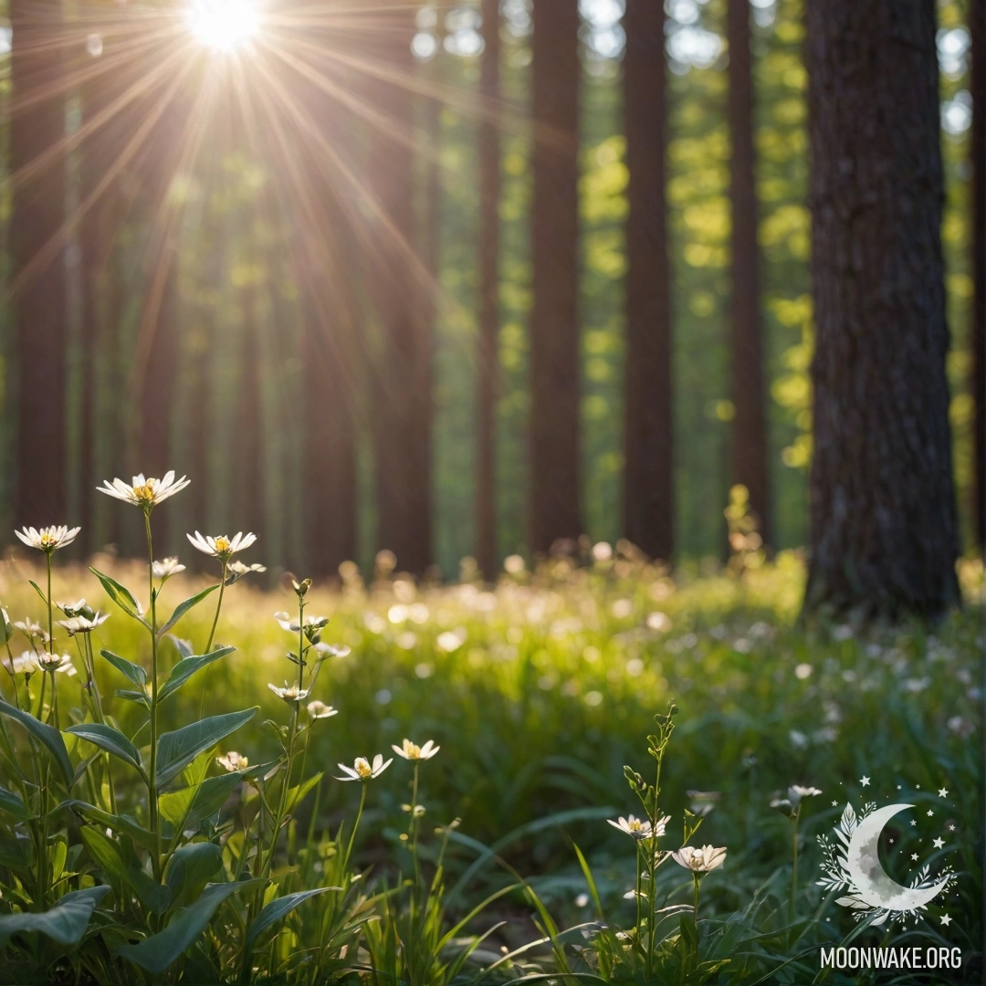 Close-up of field flowers with blurred forest background and sunlight.