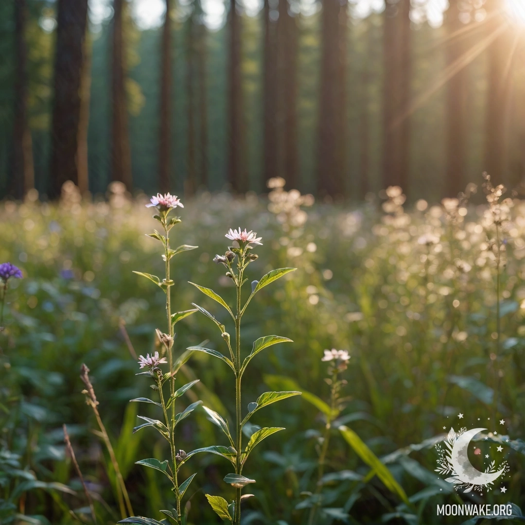 Minimalist Field Flowers in a Dreamy Forest Close-up of delicate field flowers against a blurred forest background with soft lens flares.