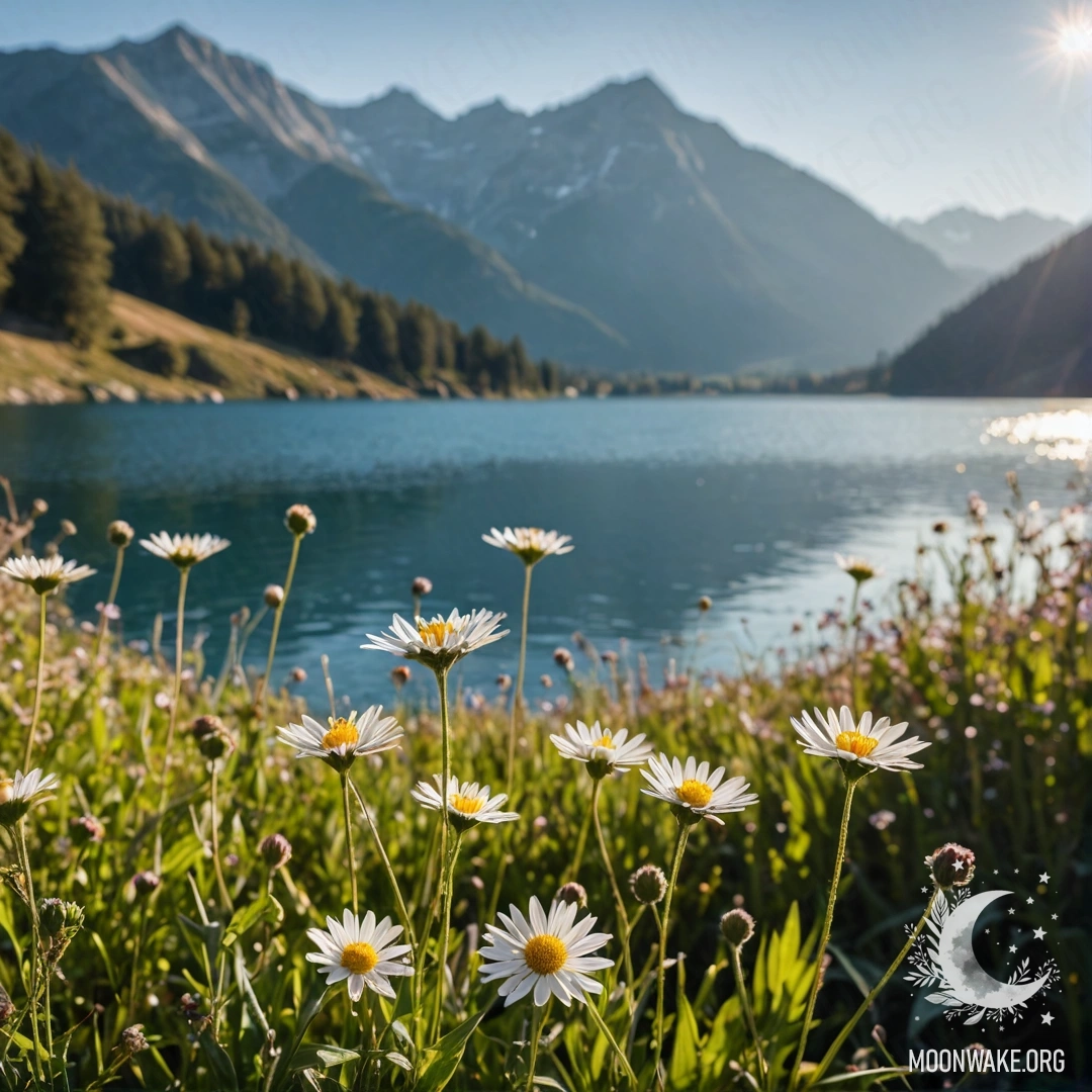 Close-up of field flowers with a blurred mountain lake in the background.