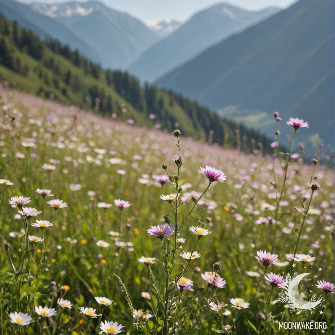 Close-up of delicate field flowers against a blurred mountainous background on a sunny day.