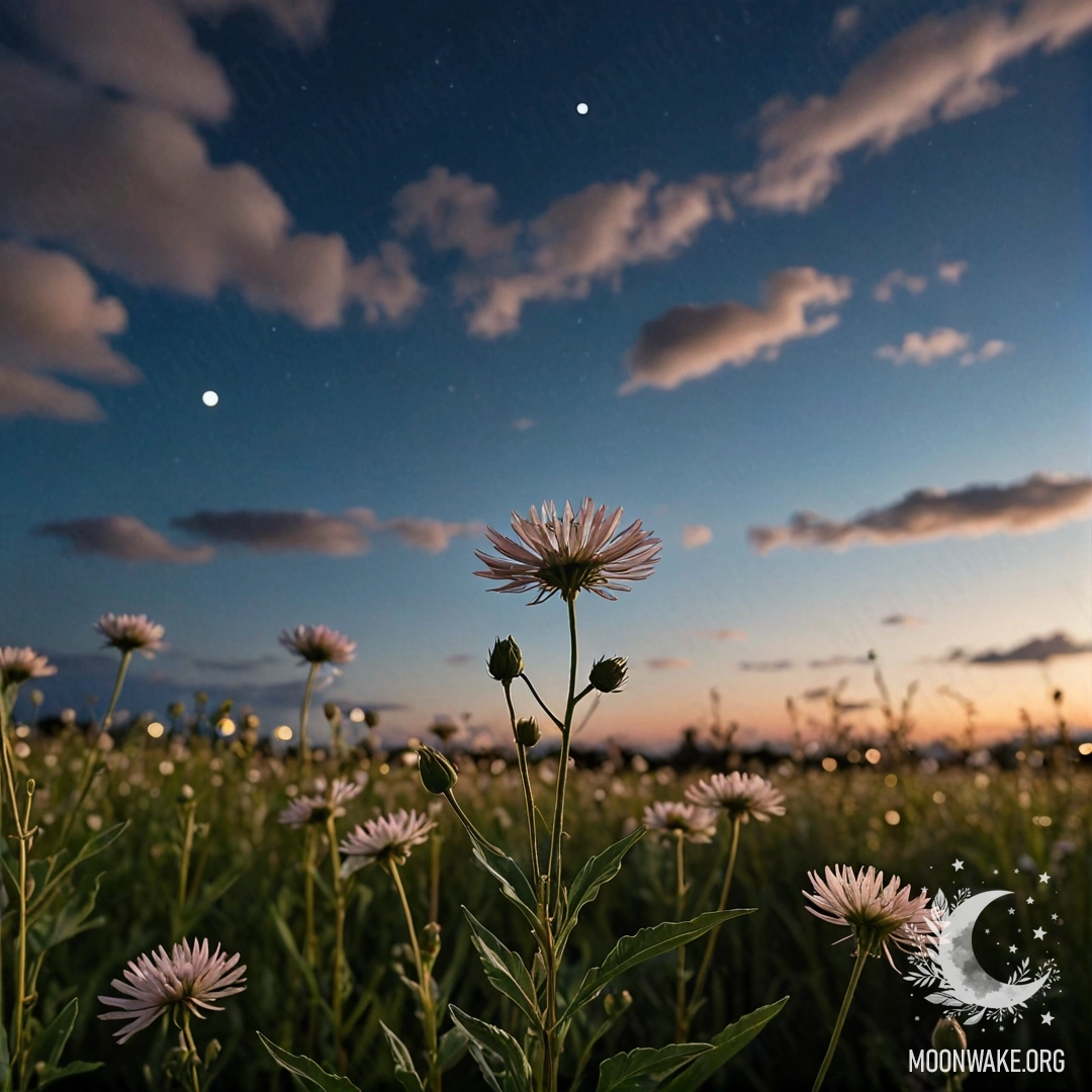 Close-up of delicate field flowers against a blurred night sky with clouds.