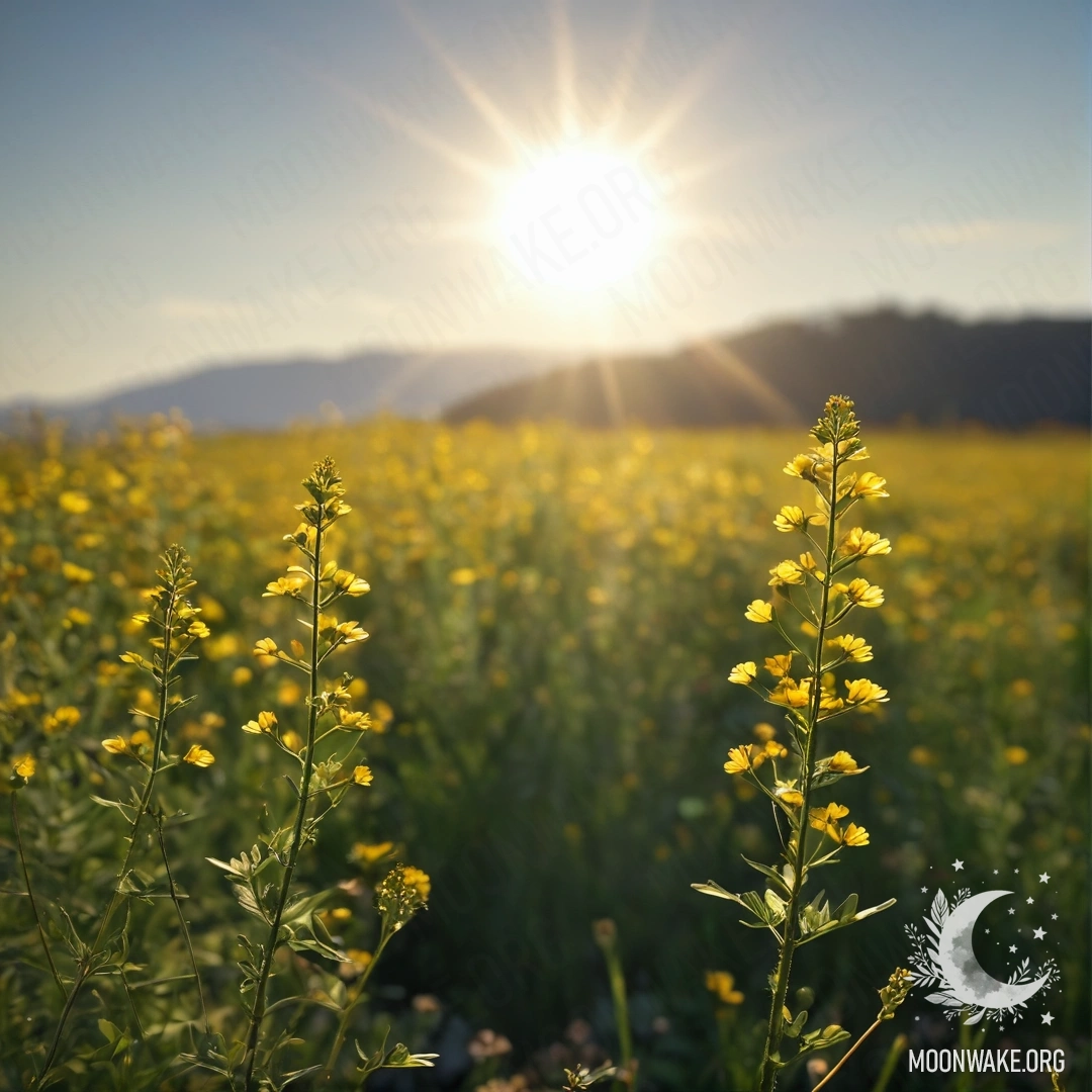 Close-up of colorful field flowers against a blurred sky with sunlight.